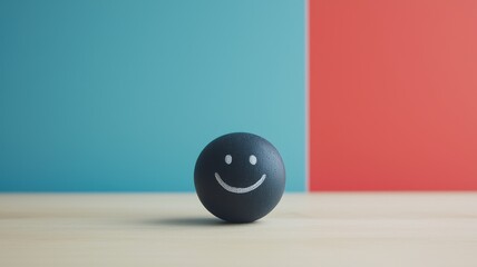 Mental Health concept. A cheerful black smiley ball stands in front of a vibrant blue and red background, radiating positivity and joy.