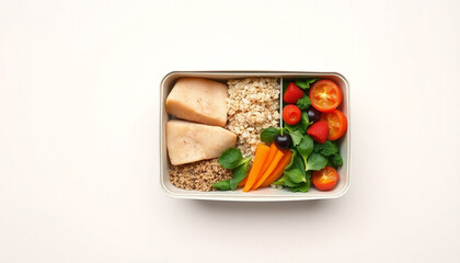 PNG ULTRA HD 8K Diet Box – Balanced Meal with Fresh Ingredients Divided into Compartments, Highlighting Texture and Detail, Resting on a Neutral Background, Ideal for Nutrition, Food Design, Lifestyle