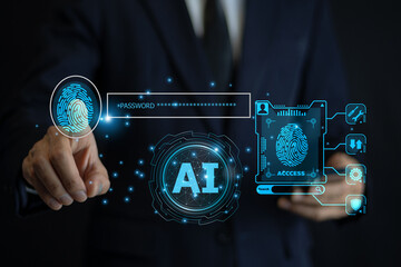 The businessman is using advanced AI technology and biometric security systems, such as fingerprint...