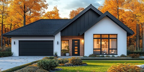 Modern house design surrounded by autumn foliage in a tranquil neighborhood