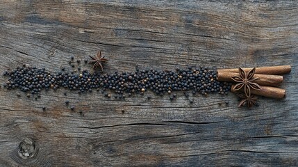 Scattered black peppercorns and cinnamon sticks on rustic wood culinary still life natural elements top-down view