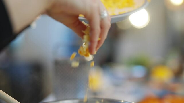 A person is cooking food in a pan and pouring it into a bowl. The bowl is on a table and there are other items on the table, such as a lemon and a cup. Concept of warmth and comfort