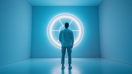 A man in Mod-style casual wear standing under a glowing holographic clock in a minimalist white studio