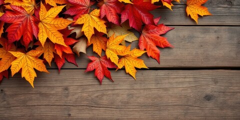 Obraz premium Autumn Leaves Arranged in a Corner on a Weathered Wood Background