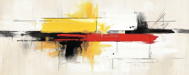 A vibrant abstract artwork featuring bold strokes of red, yellow, and black against a light background, creating a dynamic visual contrast.
