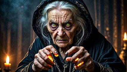 A scary old witch in a black robe.