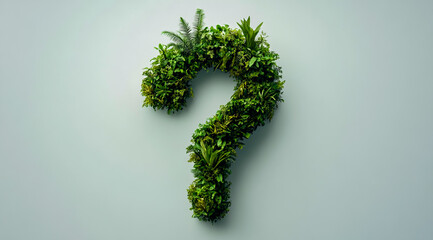 A question mark made of green plants on a solid background.