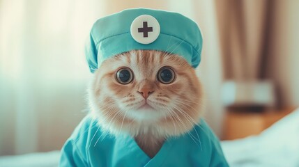 Cute Cat in Official Doctor or Nurse Outfit