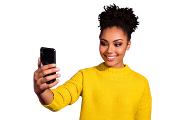 Close-up portrait of nice attractive lovely winsome sweet cheerful cheery wavy-haired girl holding in hands device taking making selfie isolated over bright vivid shine violet background