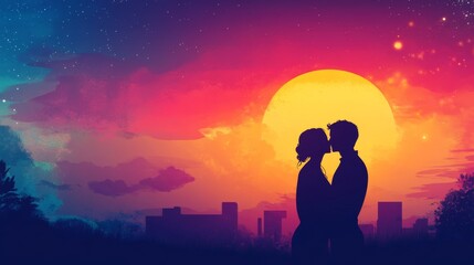 Silhouette of a couple sharing a kiss against a colourful sunset, with copy space