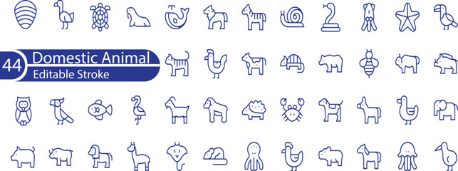 Set of 44 outline icons related to domesticated animals. Linear icon collection. Editable stroke. Vector illustration