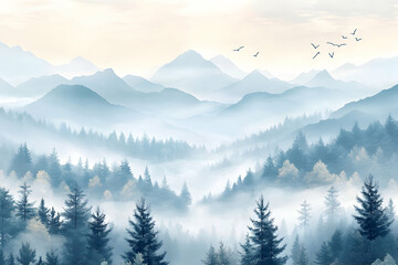 Misty Mountain Landscape, Serene Blue Hues of a Dreamy Forest and Peaks, Birds in Flight