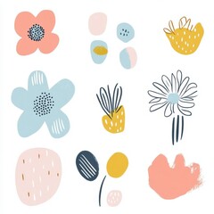 Hand-drawn abstract shapes like flowers or clouds in pastel colors on white background.