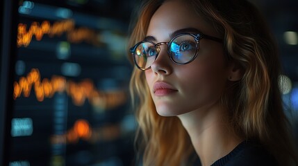 Focused young woman in glasses analyzing data on screen.