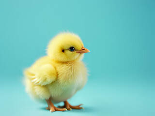 Fototapeta premium Small yellow chick standing on turquoise background