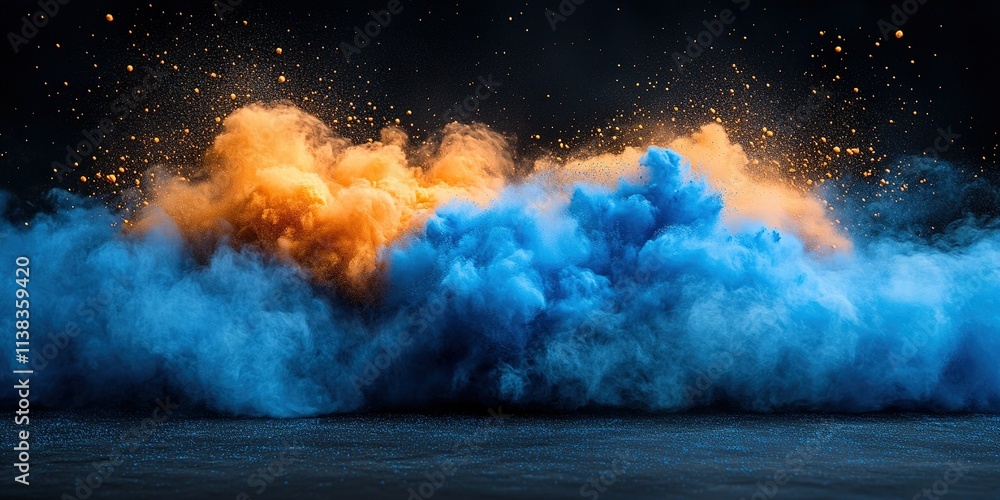 Poster vibrant blue and orange smoke clouds create a dynamic visual display in an artistic setting