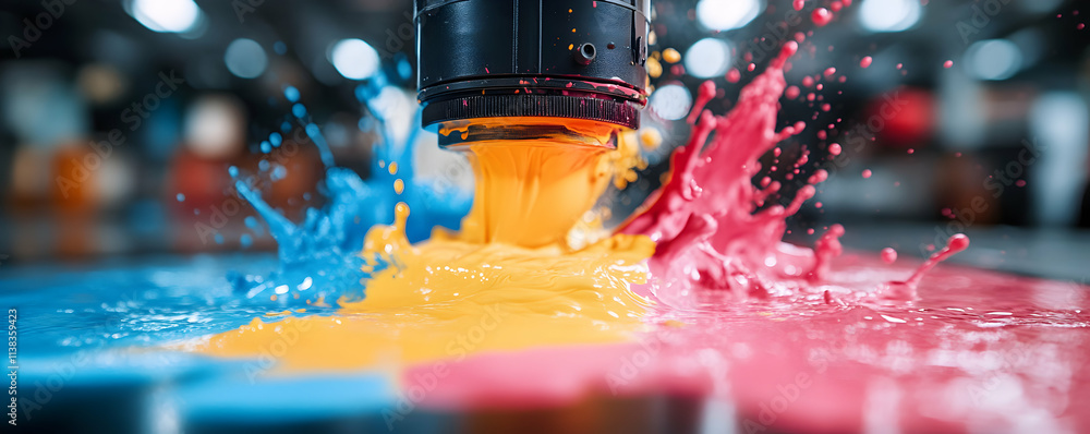 Poster vibrant color explosion, cmyk ink splashes dynamically from a nozzle, creating a stunning visual mas