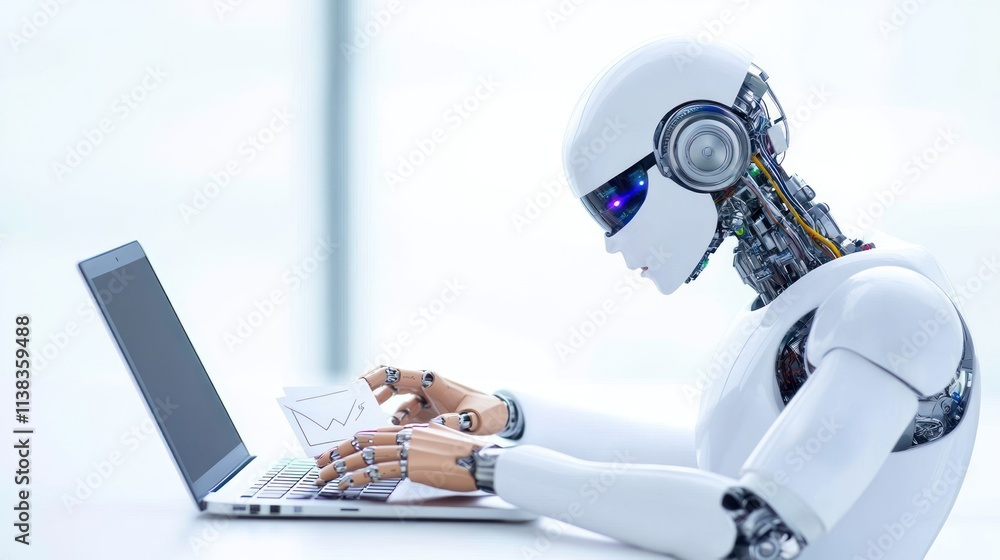 Poster a humanoid robot using a laptop while holding an envelope.