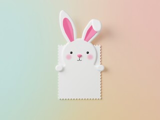 Obraz premium Cute easter bunny holding blank white card on pastel background
