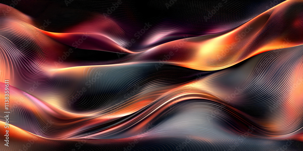 Poster abstract waveform, glowing, dynamic curves flow and undulate elegantly in a dark, mesmerizing digita