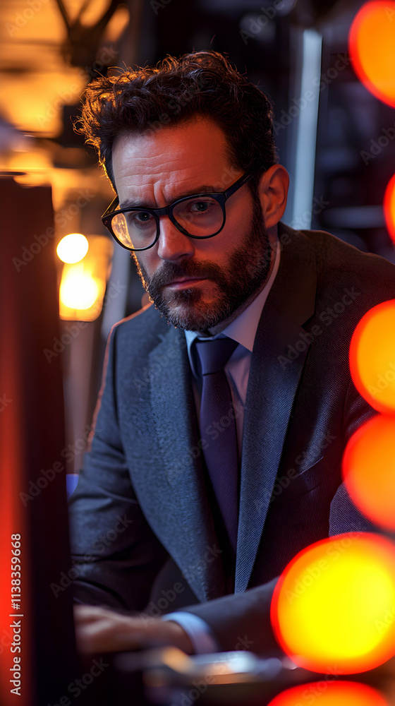 Poster man in suit working at computer, illuminated by warm lights