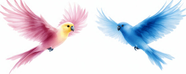 Obraz premium Watercolor Pink and Blue Birds in Flight, A Pair of Avian Watercolor Paintings Soaring Gracefully Through the Air, Displaying Vivid Colors and Delicate Details.