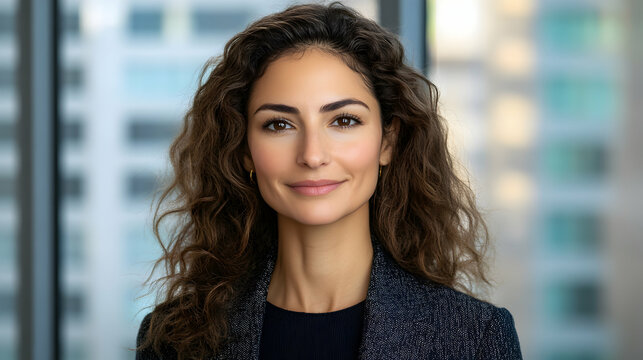 Portrait of a Woman with Curly Brown Hair, Confidently Smiling in a Modern Office Setting.  She Projects Success and Professionalism.