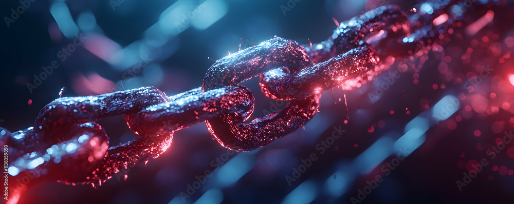 Poster interlocking metal chain links illuminated: red and blue light reflecting, creating a dramatic visua