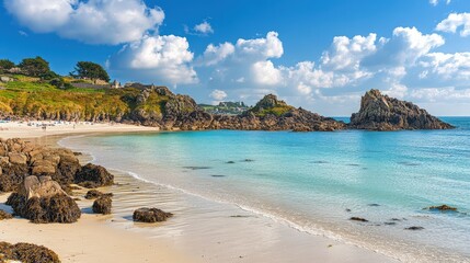 Guernsey Cave Beach: Pristine Coastal Landscape with Rock Formations and Ocean Views