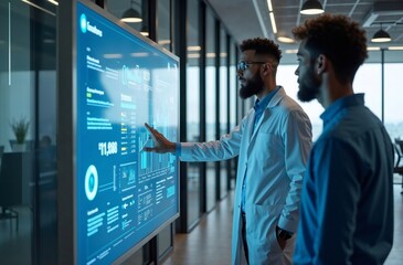 Data Driven Innovation: Two focused scientists, immersed in a world of data, collaborate on a project, analyzing digital information on a large touch screen.