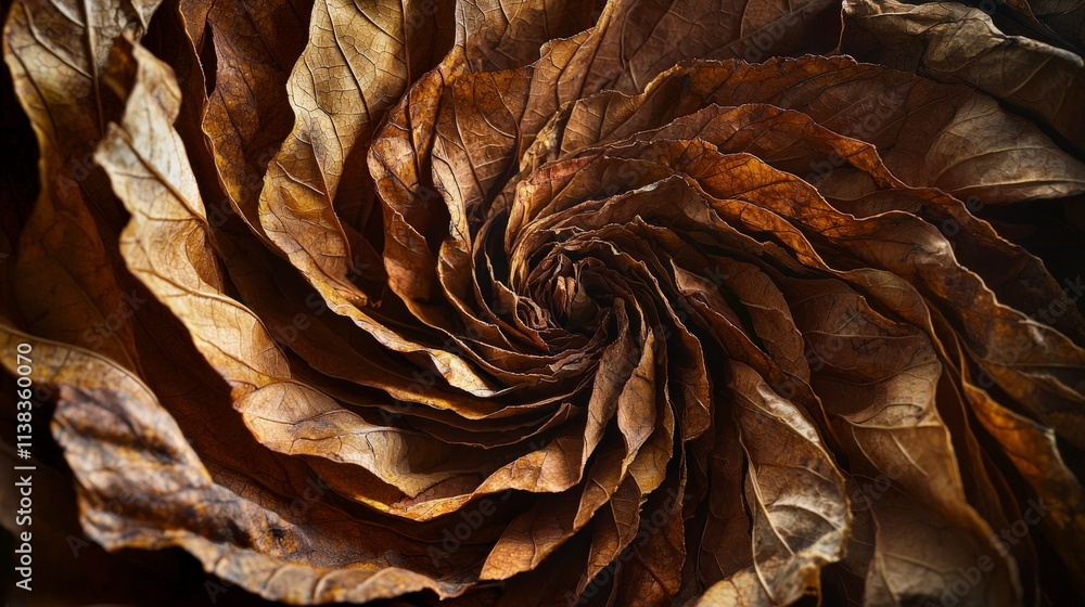 Poster Intricate tobacco leaves folded to create a rotating spiral studio setting macro photography artistic display