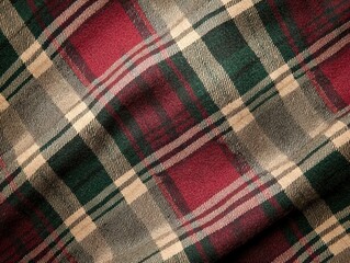 A close-up of a plaid fabric featuring red, green, and beige patterns, showcasing a classic textile design suitable for various applications.