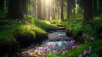 A quiet forest clearing with a small stream flowing through, wildflowers blooming, and sunlight filtering in
