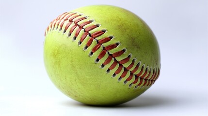 Close-up of a used softball, showing its stitched seams and slightly soiled yellow surface..