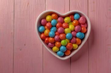 heart shaped candies on wooden background