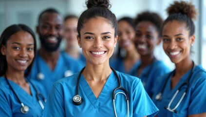 Confident Healthcare Team: A diverse group of smiling nurses and doctors in teal scrubs, showcasing unity, professionalism, and care.  