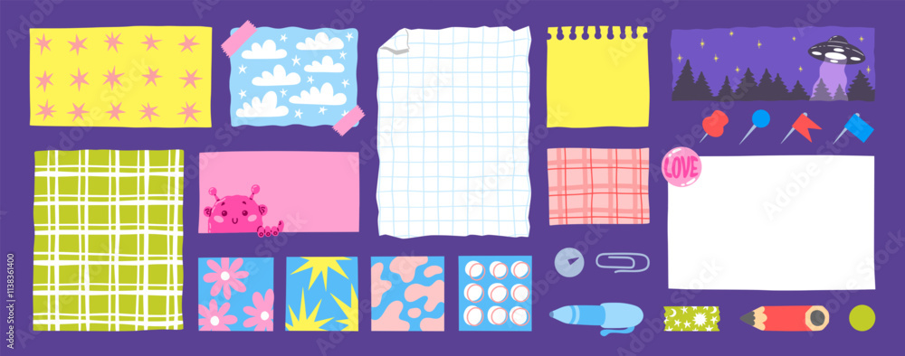 Poster Paper note. School notebook sticker, doodle memo shape for diary or notepad. Children message card. Stationery isolated memory. To do list. Cute scrapbooking. Vector cartoon notepaper design