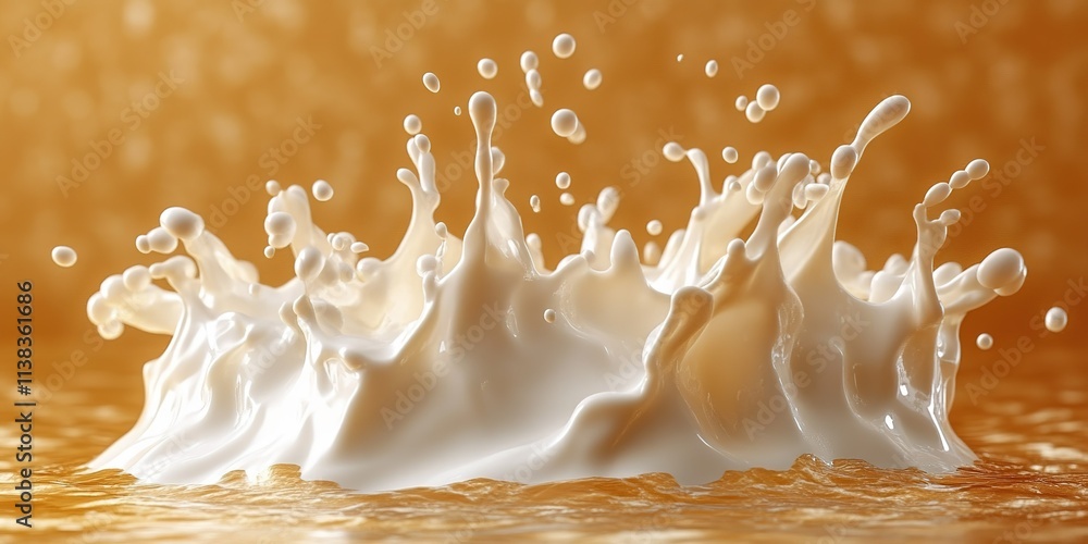 Poster splash of cream in golden liquid creating dynamic patterns and textures in a vibrant setting