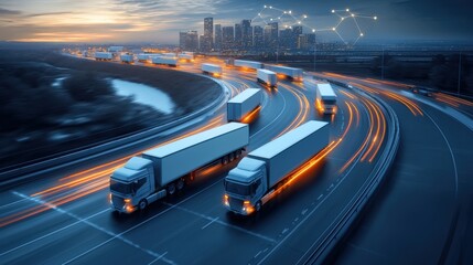 Warehouse management with logistics scheduling. Aerial view of trucks on a busy highway at dusk, with a city skyline in the background and light trails from vehicle movement.