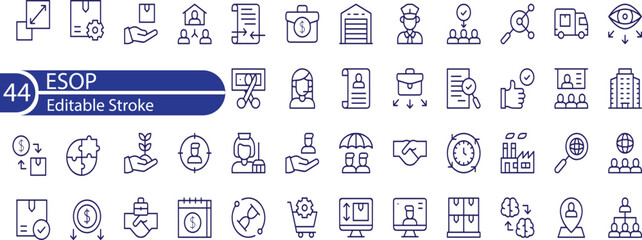 Line icons about ESOP employee stock ownership plan. Contains such icons as company, win-win, scheme and benefits. Editable stroke.
