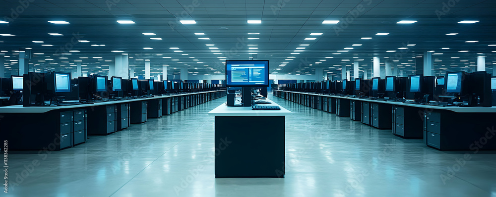 Poster vast computer network, rows of desktops in a modern, brightly lit data center