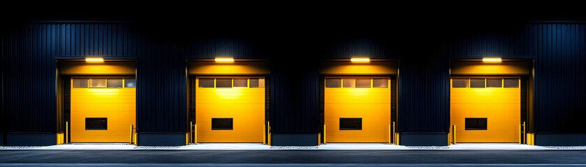 Fototapeta premium Night View of Four Illuminated Yellow Industrial Doors in a Dark Building