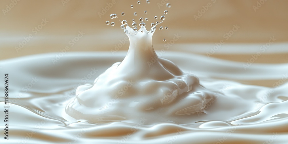 Poster droplets of milk create ripples and splashes on a surface in a kitchen setting during the day