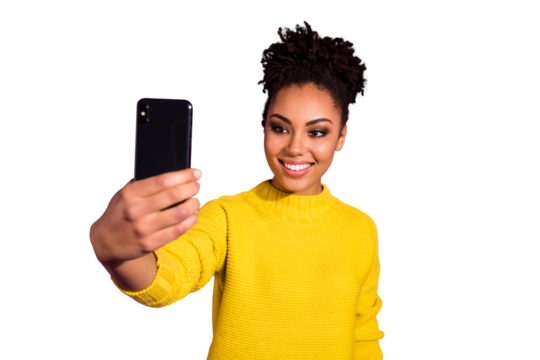 Close-up portrait of her she nice-looking charming cute attractive lovely winsome cheerful cheery wavy-haired girl taking making selfie isolated over bright vivid shine violet background - Powered by Adobe