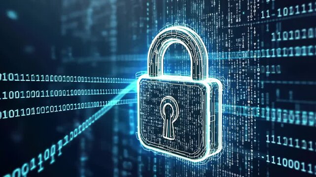 A blue lock with a key on it is displayed on a computer screen