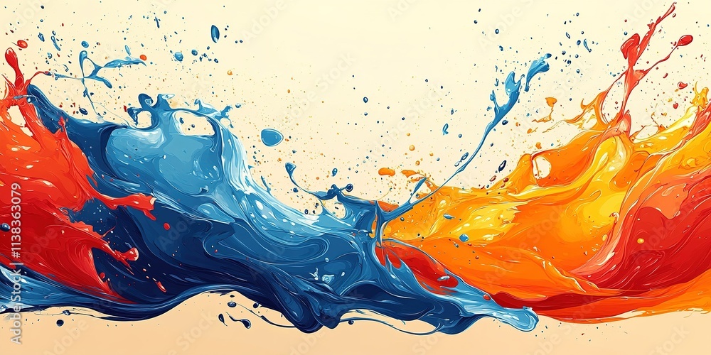 Poster dynamic splash of blue and orange paint creating vibrant color wave in abstract art display