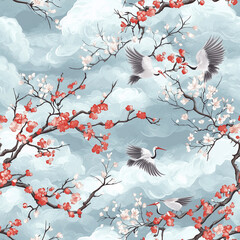 Seamless pattern of cranes and cherry blossoms for chinese lunar new year celebration tranquil sky background elegant design concept