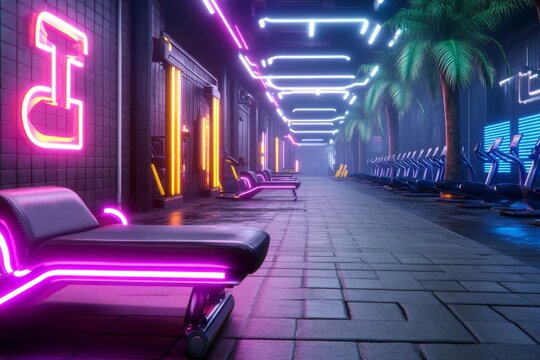 A neon-lit cyberpunk gym with glowing exercise machines, augmented reality workout programs, and participants connected to virtual fitness challenges