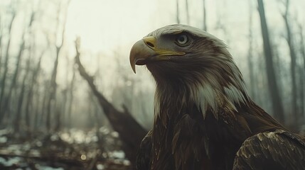 Obraz premium Close-up of an eagle in a misty forest.