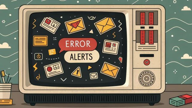 Nostalgic Notification Storm A frenzy of text boxes and alert icons tered chaotically across the screen. The display features a mix of vintage design and playful fonts recalling a